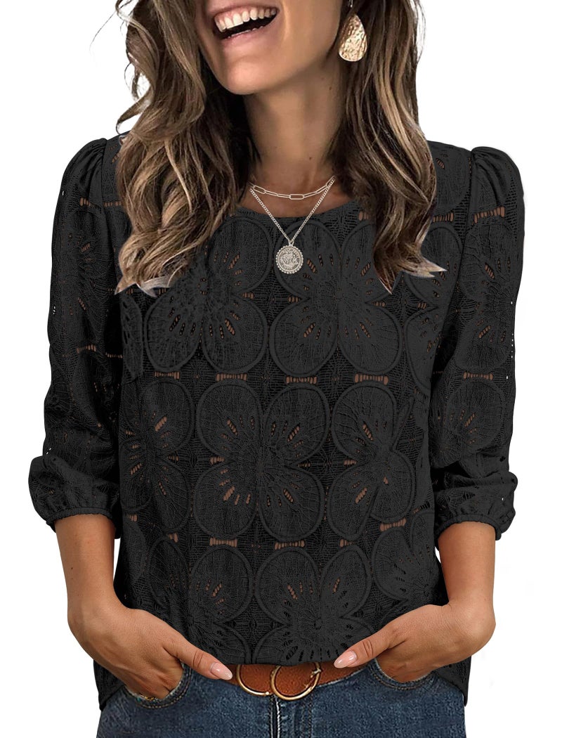 Sampeel 3/4 Length Sleeve Womens Tops Dressy Casual Blouses for Ladies Work Business Casual Outfits Summer Tops 2026 Lace Fashion Clothing Date Black M - Image 1