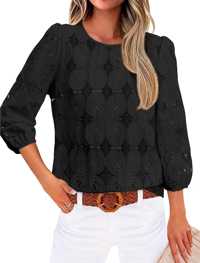 Sampeel 3/4 Length Sleeve Womens Tops Dressy Casual Blouses for Ladies Work Business Casual Outfits Summer Tops 2026 Lace Fashion Clothing Date Black M - Image 2