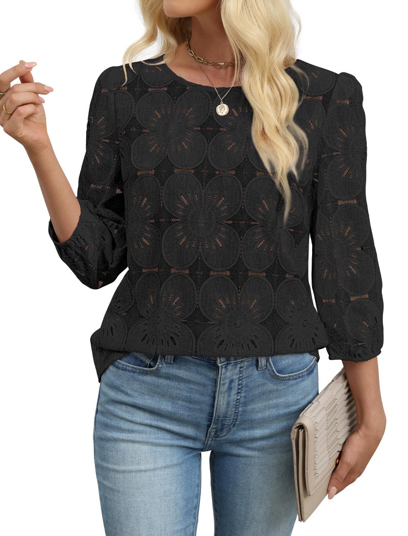 Sampeel 3/4 Length Sleeve Womens Tops Dressy Casual Blouses for Ladies Work Business Casual Outfits Summer Tops 2026 Lace Fashion Clothing Date Black M - Image 5