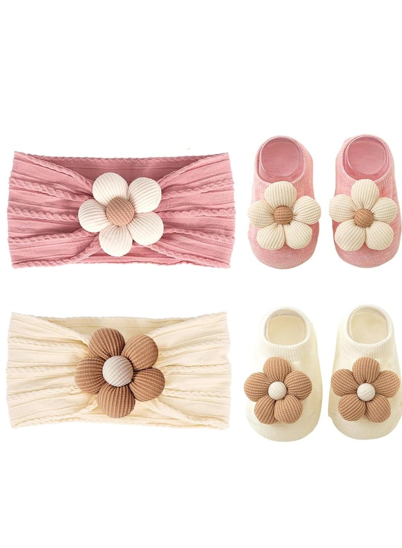 سيلكفكس حزام رأس فتاة الطفل والجوارب ، مقابض غير انزلاق جوارب زهرة شعر ناعم حزام شعر ملحقات للأطفال الرضع الصغار (العمر ، 6 أشهر ، 12 شهرًا ، البيج الوردي) - Image 1