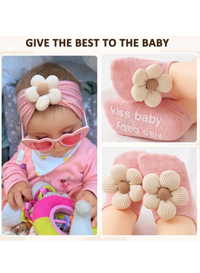 سيلكفكس حزام رأس فتاة الطفل والجوارب ، مقابض غير انزلاق جوارب زهرة شعر ناعم حزام شعر ملحقات للأطفال الرضع الصغار (العمر ، 6 أشهر ، 12 شهرًا ، البيج الوردي) - Image 2