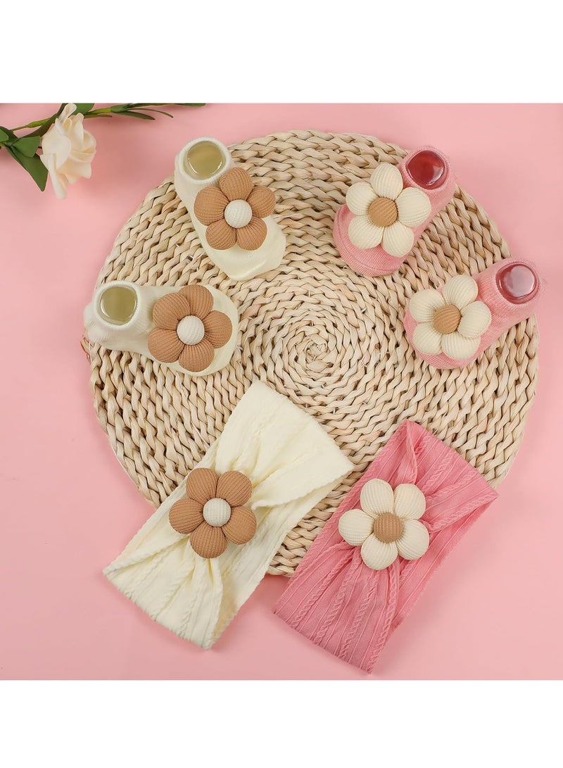 سيلكفكس حزام رأس فتاة الطفل والجوارب ، مقابض غير انزلاق جوارب زهرة شعر ناعم حزام شعر ملحقات للأطفال الرضع الصغار (العمر ، 6 أشهر ، 12 شهرًا ، البيج الوردي) - Image 3