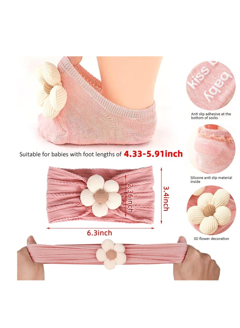 سيلكفكس حزام رأس فتاة الطفل والجوارب ، مقابض غير انزلاق جوارب زهرة شعر ناعم حزام شعر ملحقات للأطفال الرضع الصغار (العمر ، 6 أشهر ، 12 شهرًا ، البيج الوردي) - Image 4