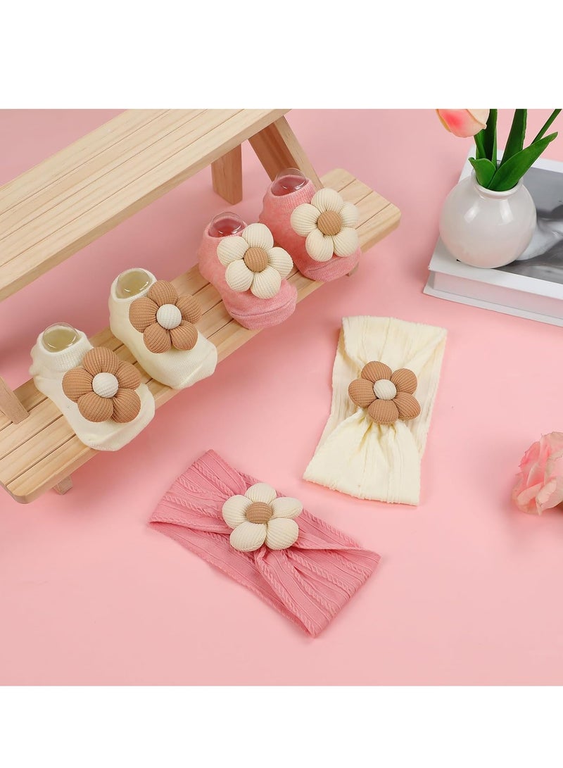 سيلكفكس حزام رأس فتاة الطفل والجوارب ، مقابض غير انزلاق جوارب زهرة شعر ناعم حزام شعر ملحقات للأطفال الرضع الصغار (العمر ، 6 أشهر ، 12 شهرًا ، البيج الوردي) - Image 5