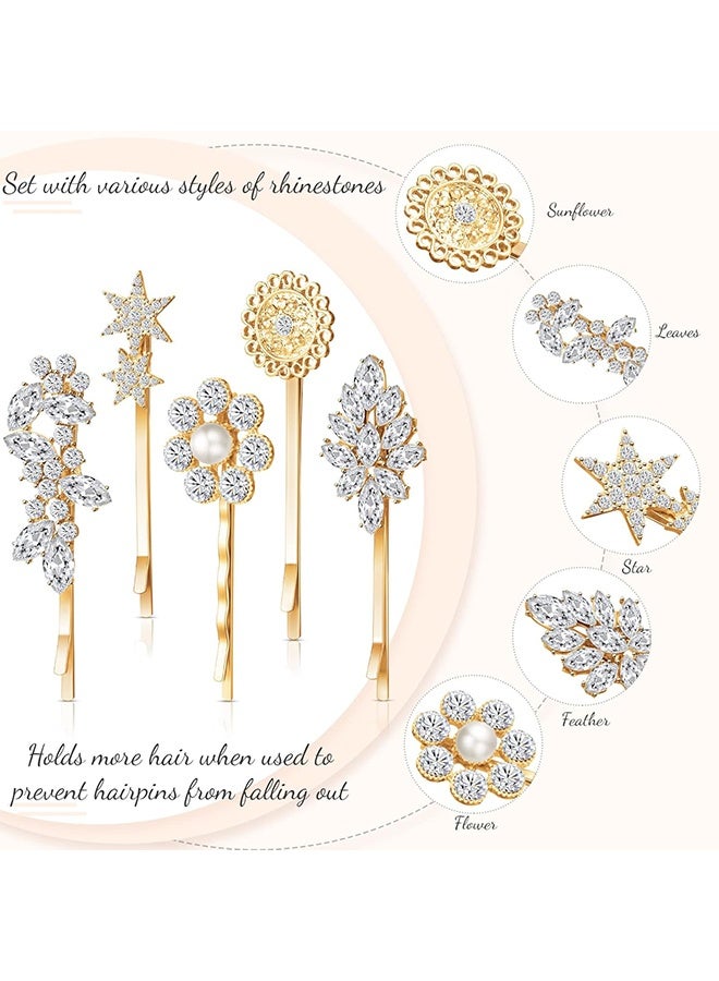 جي دي ١٠ قطع من مشابك الشعر العتيقة المرصعة بأحجار الراين، دبابيس شعر مرصعة بأحجار الراين على شكل نجمة، مشابك شعر مزخرفة على شكل زهرة وورق شجر وريشة وعباد الشمس، إكسسوارات شعر معدنية، قطعة رأس كريستالية للعرائس، إكسسوارات شعر للنساء والفتيات (ذهبي) - Image 3
