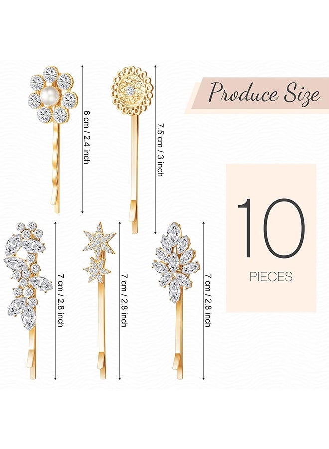 جي دي ١٠ قطع من مشابك الشعر العتيقة المرصعة بأحجار الراين، دبابيس شعر مرصعة بأحجار الراين على شكل نجمة، مشابك شعر مزخرفة على شكل زهرة وورق شجر وريشة وعباد الشمس، إكسسوارات شعر معدنية، قطعة رأس كريستالية للعرائس، إكسسوارات شعر للنساء والفتيات (ذهبي) - Image 2