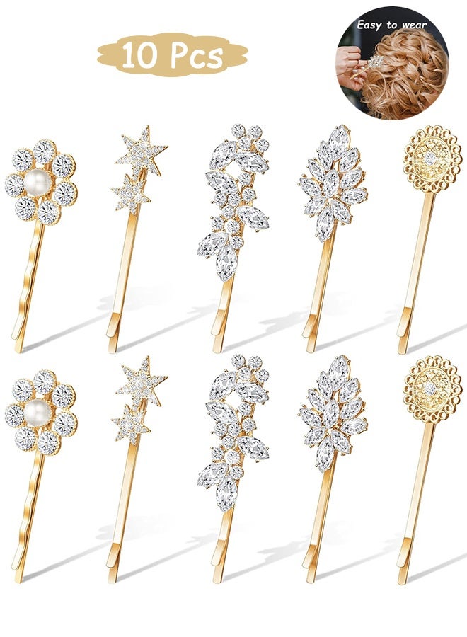 جي دي ١٠ قطع من مشابك الشعر العتيقة المرصعة بأحجار الراين، دبابيس شعر مرصعة بأحجار الراين على شكل نجمة، مشابك شعر مزخرفة على شكل زهرة وورق شجر وريشة وعباد الشمس، إكسسوارات شعر معدنية، قطعة رأس كريستالية للعرائس، إكسسوارات شعر للنساء والفتيات (ذهبي) - Image 1