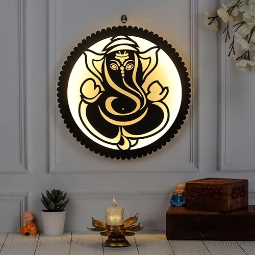 Laser Art Ganesha LED Backlit Wall Decor - Premium 30x30 cm MDF Wood Laser Cut Omkar Divine Sculpture for Home, Living Room, Pooja Mandir, and Office - Spiritual Wall Art & Night Lamp with Warm Glow Light - Image 1