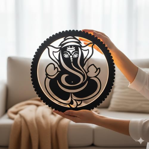 Laser Art Ganesha LED Backlit Wall Decor - Premium 30x30 cm MDF Wood Laser Cut Omkar Divine Sculpture for Home, Living Room, Pooja Mandir, and Office - Spiritual Wall Art & Night Lamp with Warm Glow Light - Image 3