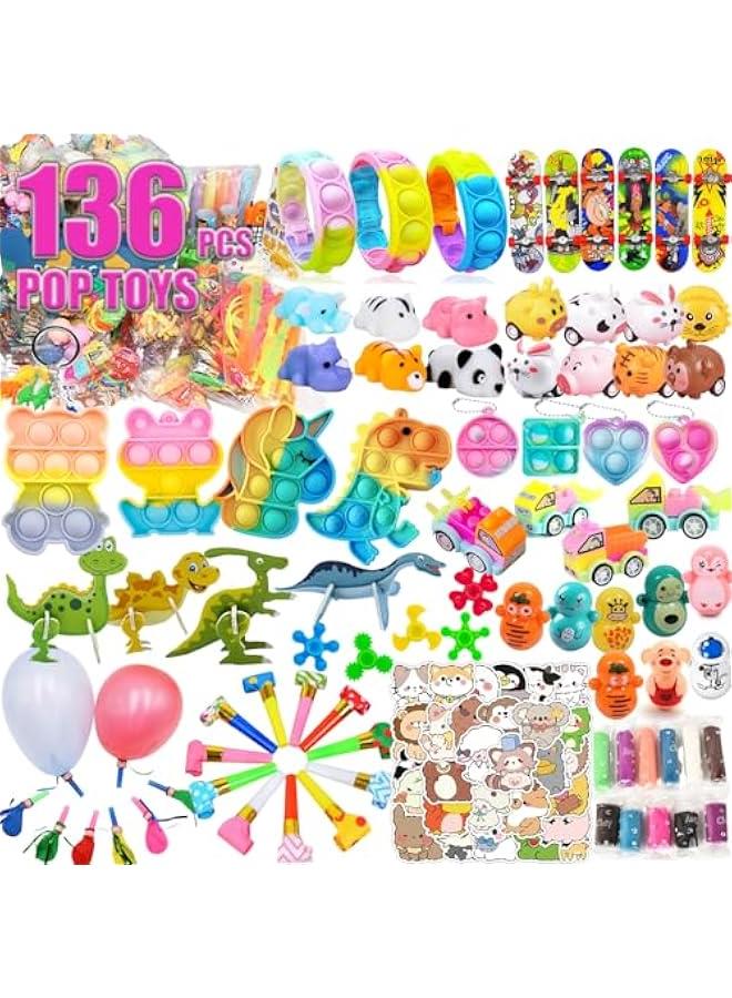 136 Pcs Pop Kids Party Favors Toys Bulk,5-in-1 Classroom Prize Box for 4-10 Ages Boys Girls,Carnival Treasure Box Stuffers Fidget Pop Its,Arts & Educational Toys Goody Bag Fillers,Pinata Stuffers - Image 1