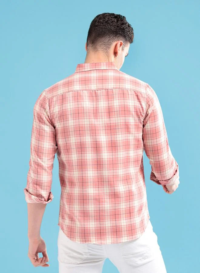 The Indian Garage Co Men Pink Regular Fit Checked Shirt