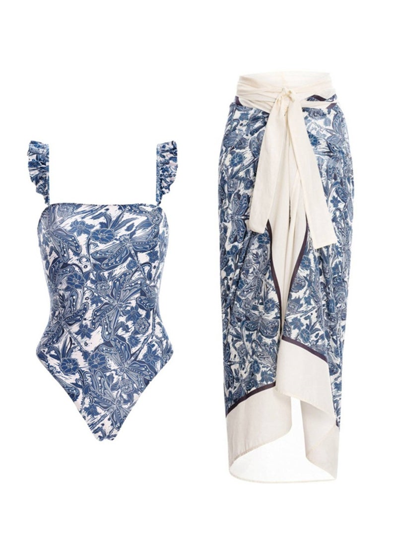 2pcs new one-piece women's swimsuit retro swimwear chiffon beach skirt swimsuit suit - Image 1