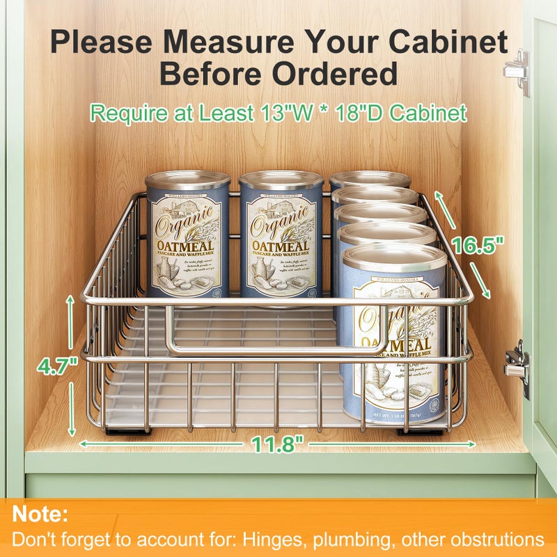 Kitstorack Stainless Steel Pull Out Cabinet Organizer(11.8"W x 16.5"D x 4.7"H)-1 Pack, Minimalist Design Frame, Full-Extension Slide Rails, Easy Installation for Pantry Organizers or Kitchen Cabinet Organizer - Image 2