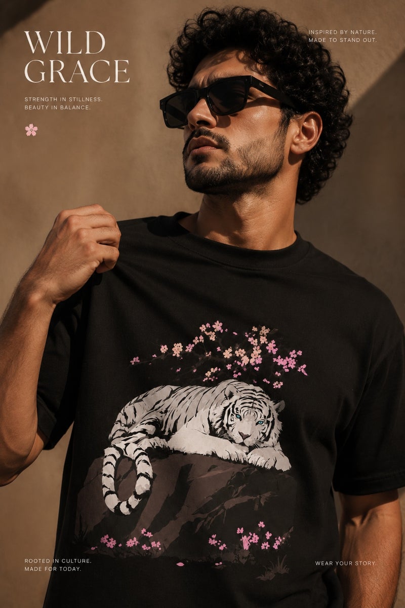 تي شيرت رجالي أسود بطبعة نمر أبيض وايلد غريس بتصميم كاجوال ستريت وير - Image 1