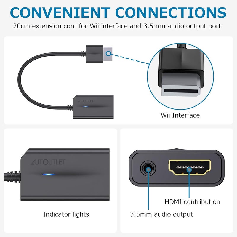 أوتو يوتيليت محول AUTOUTLET Wii إلى HDMI، محول Wii إلى HDMI مع مخرج صوت وفيديو 3.5 مم، Wii2HDMI يدعم جميع أوضاع العرض 720/1080P لجهاز نينتندو - Image 4