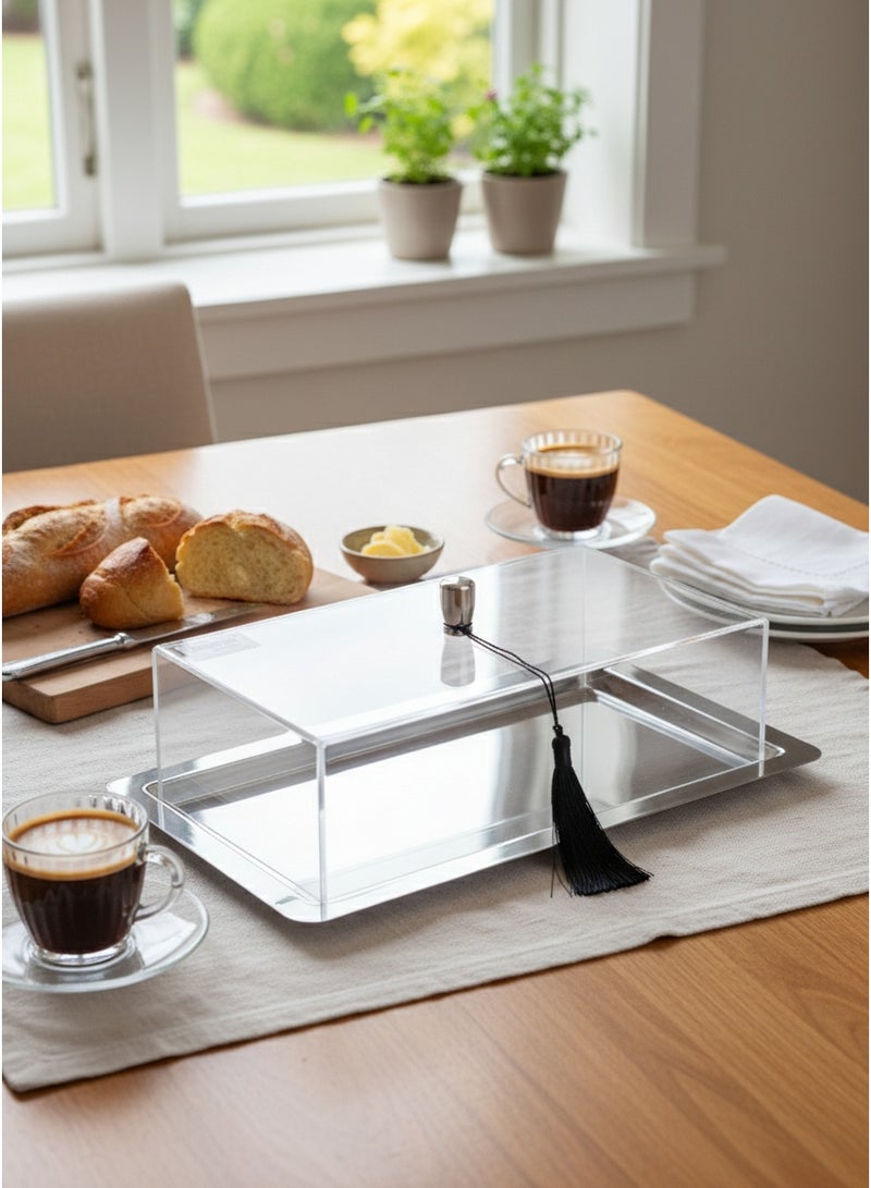 Trust Stainless Steel Rectangular Cake Serving Tray with Aclyric Lid Silver 32cm - Image 2