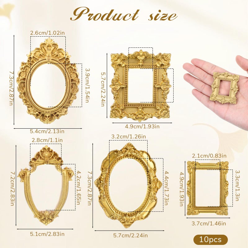 Ajcotahm 10 PCS Vintage Mini Gold Frames, Small Picture Frames, Tiny Antique Resin Photo Frame for DIY Jewelry Display Holiday Party Photography Wall Hanging Decor - Image 2
