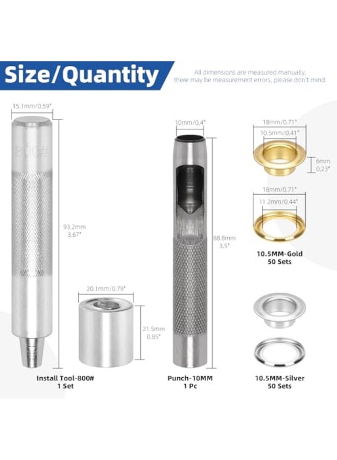 102-piece 2/5 inch (10.5 mm) metal grommet kit with tools, 100 gold and silver grommets, metal grommet tool kit with setting washers and 2 installation tools for fabric, canvas, curtains, and leather - Image 2