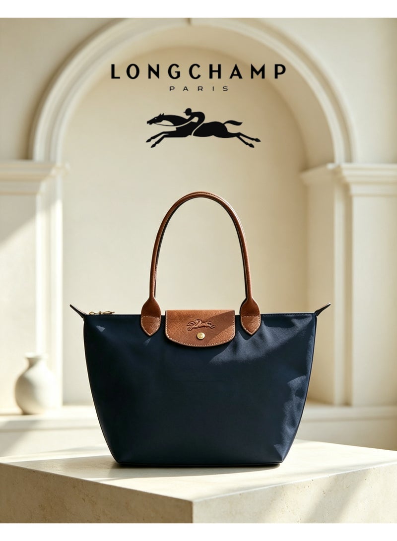 Longchamp Medium Capacity Nylon Storage Carry Bag with Leather Trim, Zipper Multi-purpose Bag for Sports Gear Outdoor Play Toys Storage, Navy Blue - Image 1