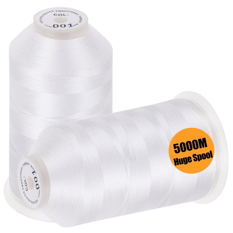 New brothread  2 Huge Spools 5000M Each Polyester Embroidery Machine Thread 40WT for Commercial and Domestic Machines  White