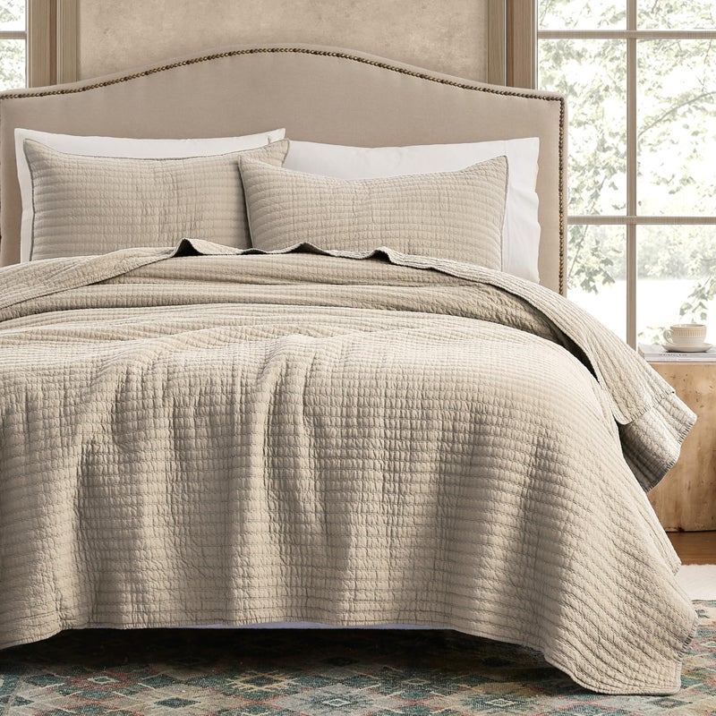 WDCOZY 100% Cotton King Size Quilt Set - Beige Neutral Striped Pick Stitch Soft Lightweight Bedspread, Textured Like Linen, Farmhouse Country Rustic Coverlet, Shabby Chic Gauze Bedding, 3 Pieces - Image 1