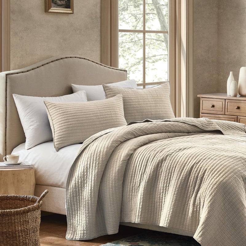 WDCOZY 100% Cotton King Size Quilt Set - Beige Neutral Striped Pick Stitch Soft Lightweight Bedspread, Textured Like Linen, Farmhouse Country Rustic Coverlet, Shabby Chic Gauze Bedding, 3 Pieces - Image 4