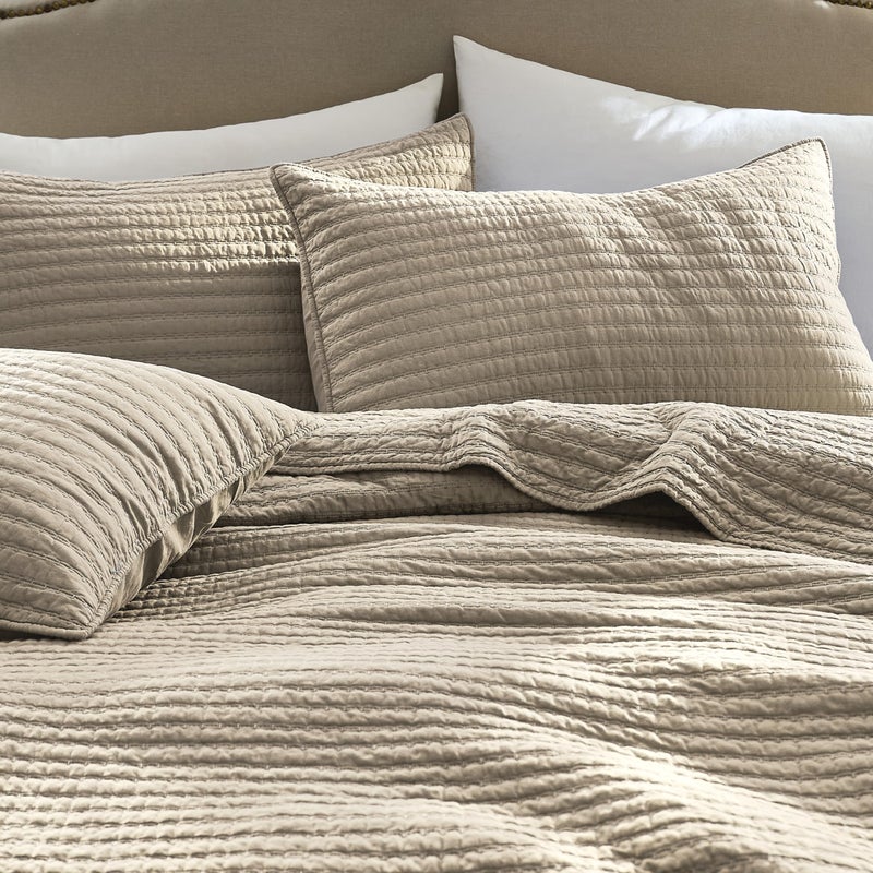 WDCOZY 100% Cotton King Size Quilt Set - Beige Neutral Striped Pick Stitch Soft Lightweight Bedspread, Textured Like Linen, Farmhouse Country Rustic Coverlet, Shabby Chic Gauze Bedding, 3 Pieces - Image 2