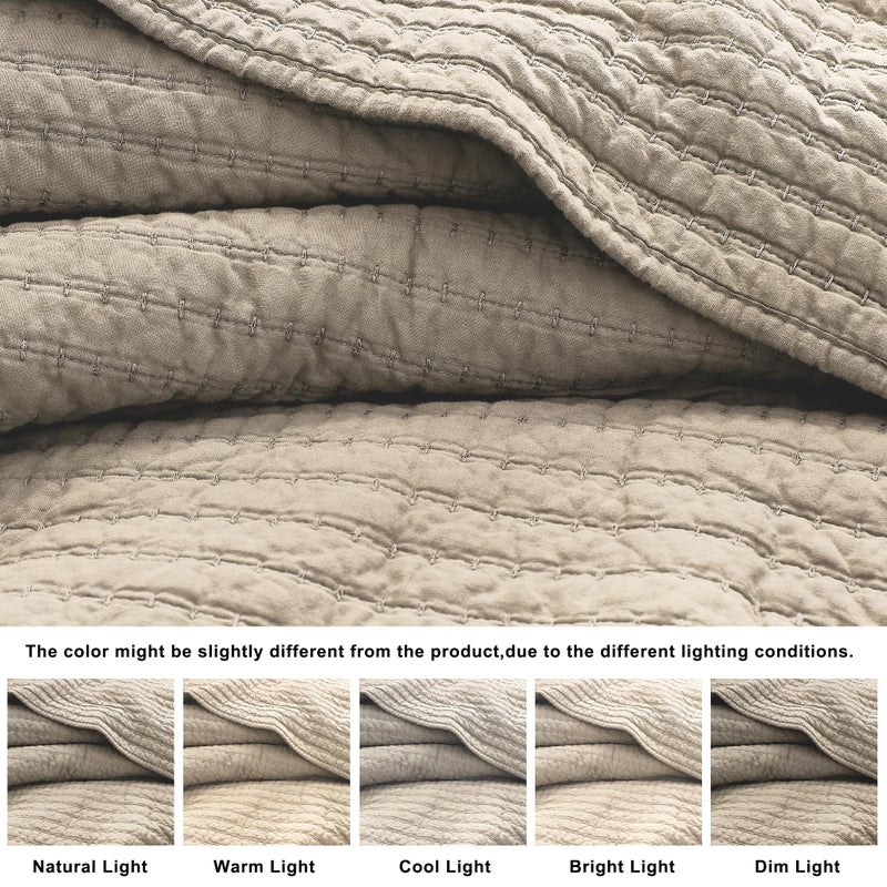 WDCOZY 100% Cotton King Size Quilt Set - Beige Neutral Striped Pick Stitch Soft Lightweight Bedspread, Textured Like Linen, Farmhouse Country Rustic Coverlet, Shabby Chic Gauze Bedding, 3 Pieces - Image 3