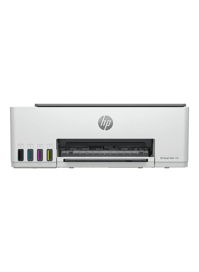 HP طابعة Smart Tank 580 الكل في واحد، 33 شريحة + شاشة iCON LCD مقاس 1.2 بوصة، سرعة طباعة 12 صفحة في الدقيقة باللون الأسود و5 صفحة في الدقيقة، دقة تصل إلى 1200 نقطة في البوصة، 10 نسخة في الدقيقة باللون الأسود وسرعة نسخ ملونة 2 نسخة في الدقيقة، 1F3Y2A أبيض - Image 1