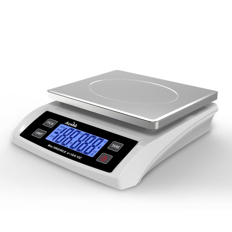 ميزان مطبخ رقمي 30 كجم/66 رطلاً، ميزان خبز من الفولاذ المقاوم للصدأ مع شاشة LCD، تحويل متعدد الوحدات للخبز والسوبر ماركت والتوصيل السريع، ميزان عد (أبيض) - Image 1