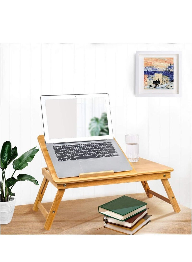 LINGWEI Bamboo Foldable Laptop Desk For Bed Beige 58x25x17.7cm - Image 1