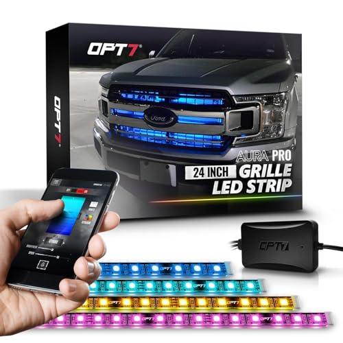 OPT7 أضواء شبكة LED RGB من OPT7 Aura Pro مع تطبيق وجهاز تحكم عن بعد، 4 قطع شرائط ضوء بطول 24 بوصة، إضاءة شبكة أمامية مقاومة للماء، مزامنة موسيقية، متعددة الألوان، ملحقات تزيين الشاحنات لتاكوما، توندر، 4 رانر - Image 1