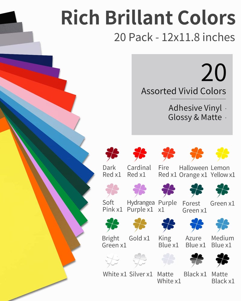 Sooez Permanent Vinyl - 20Pack Adhesive Vinyl Sheets Assorted Colors, Permanent Bundle, 12" x 11.8" Waterproof Outdoor Perfect for Home Decor Car Decal Sticker - Image 2