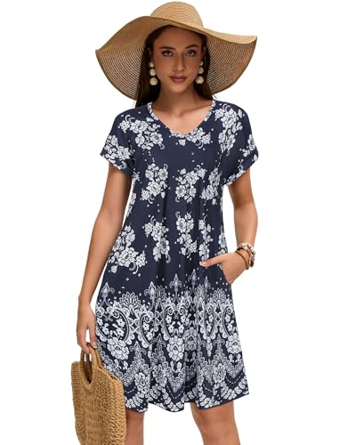 elescat Sundresses for Women Summer Casual Loose V Neck Short Sleeve Tshirt Dress with Pockets (Navy Blue White Floral, L) - Image 4