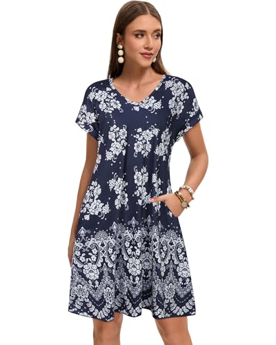 elescat Sundresses for Women Summer Casual Loose V Neck Short Sleeve Tshirt Dress with Pockets (Navy Blue White Floral, L) - Image 3