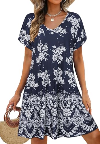 elescat Sundresses for Women Summer Casual Loose V Neck Short Sleeve Tshirt Dress with Pockets (Navy Blue White Floral, L) - Image 1