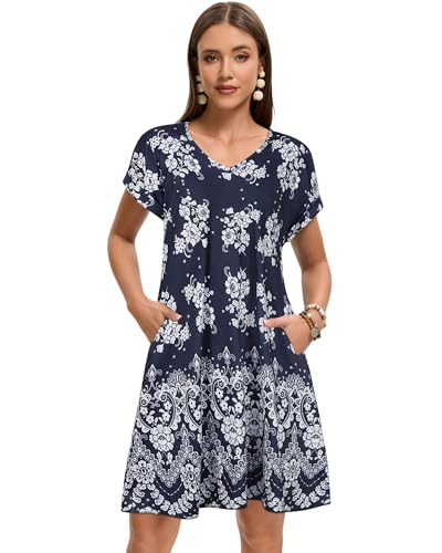 elescat Sundresses for Women Summer Casual Loose V Neck Short Sleeve Tshirt Dress with Pockets (Navy Blue White Floral, L) - Image 2
