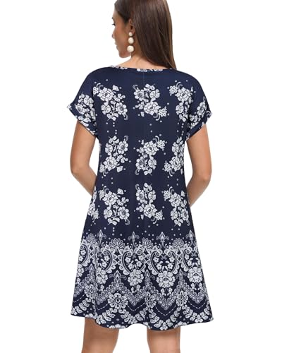 elescat Sundresses for Women Summer Casual Loose V Neck Short Sleeve Tshirt Dress with Pockets (Navy Blue White Floral, L) - Image 5
