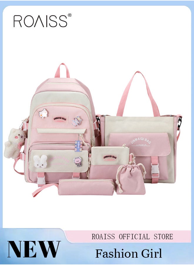 roaiss 5-Piece Set of Backpack Fashion Women's New Oxford Cloth Backpack for Students Teens Girl Large Capacity School Bag Nylon Daypack  - Image 1