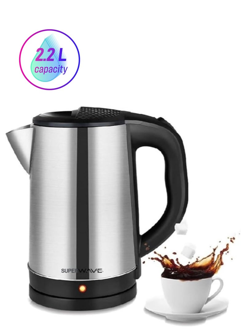 سوبر ويف غلاية مياه كهربائية من الاستانلس استيل سعة 2.2 لتر قدرة 1500 واط | سخان مياه كهربائي فوري لغلي الماء مع إغلاق تلقائي من الستانلس ستيل - Image 1