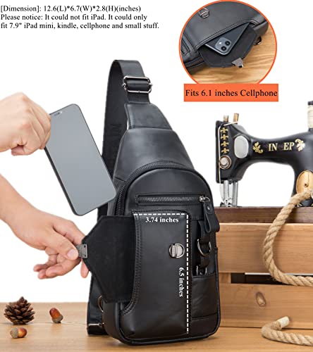 BULLCAPTAIN Genuine Leather Sling Bag for Men Crossbody with Cellphone Stand Chain Chest Shoulder Backpack Daypack XB-520 (Black) - Image 3
