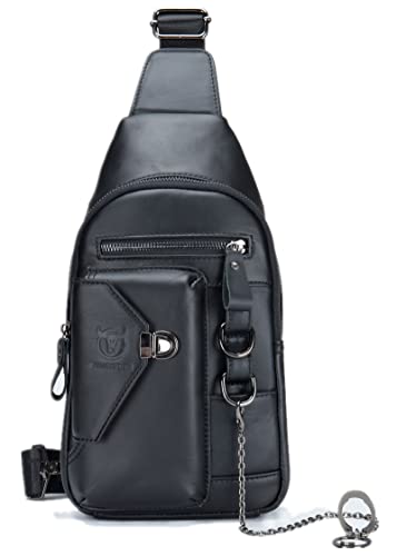 BULLCAPTAIN Genuine Leather Sling Bag for Men Crossbody with Cellphone Stand Chain Chest Shoulder Backpack Daypack XB-520 (Black) - Image 1