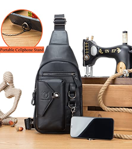 BULLCAPTAIN Genuine Leather Sling Bag for Men Crossbody with Cellphone Stand Chain Chest Shoulder Backpack Daypack XB-520 (Black) - Image 2