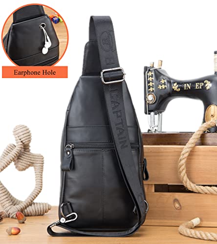 BULLCAPTAIN Genuine Leather Sling Bag for Men Crossbody with Cellphone Stand Chain Chest Shoulder Backpack Daypack XB-520 (Black) - Image 5