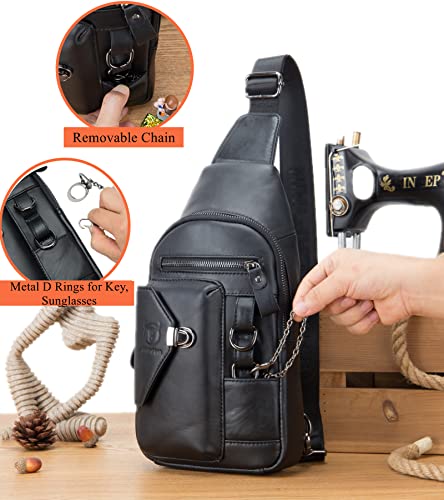 BULLCAPTAIN Genuine Leather Sling Bag for Men Crossbody with Cellphone Stand Chain Chest Shoulder Backpack Daypack XB-520 (Black) - Image 4