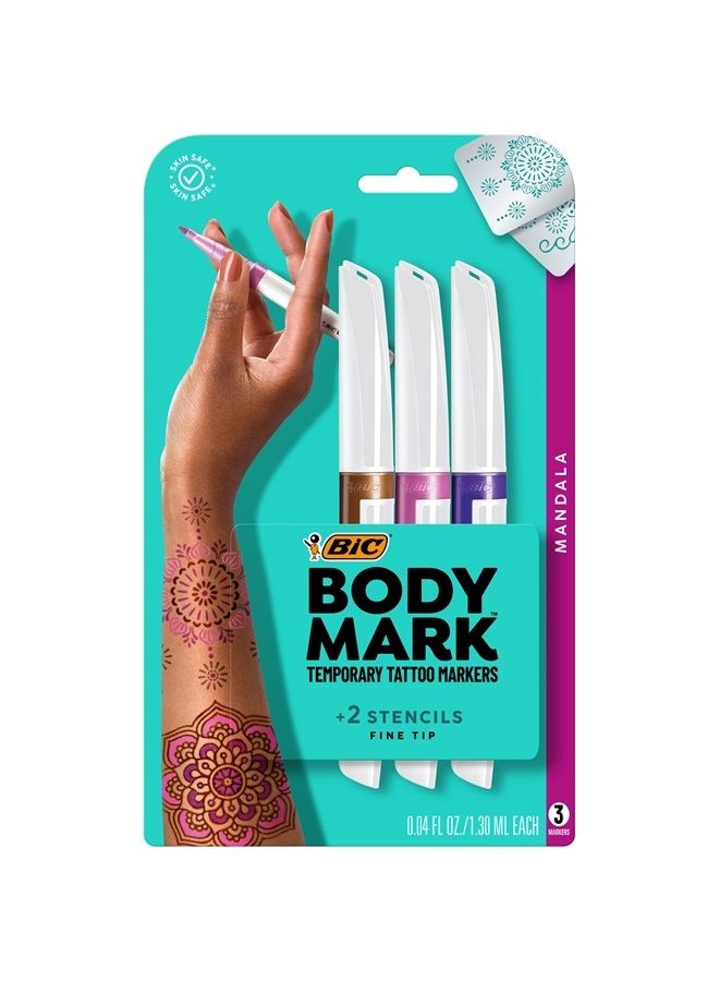 Bic علامة وشم مؤقتة من BodyMark بقلم رفيع، مانديلا، ألوان متنوعة، عبوة من 3 أقلام + 3 قوالب