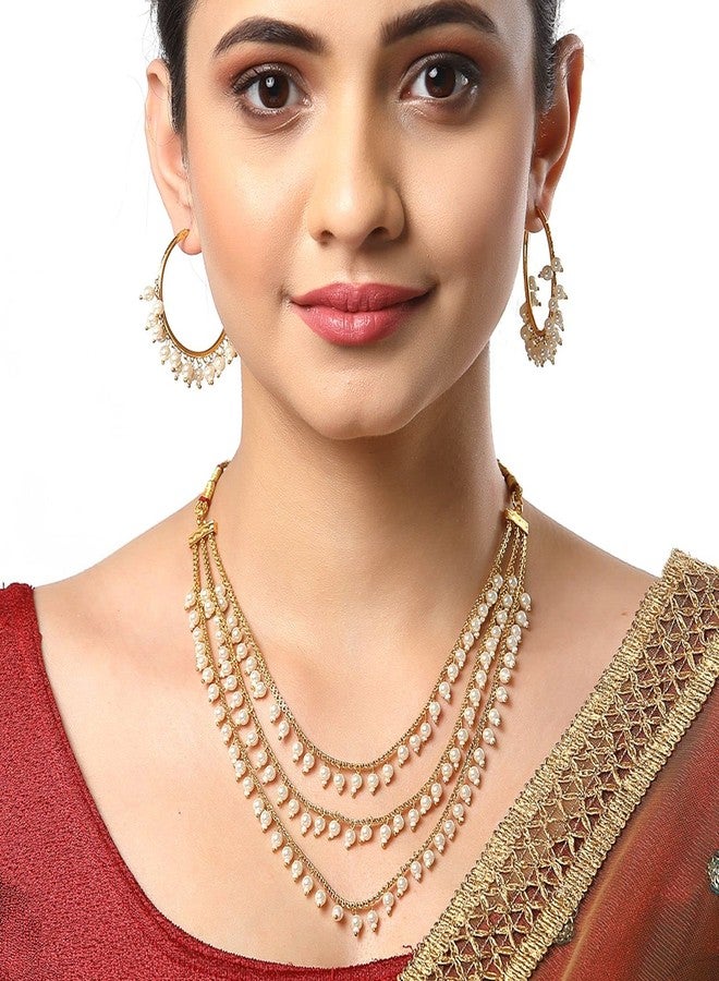 KENNICE Three Layer Pearl Gold-Plated Multi-Strand Traditional Necklace With Earrings Jewellery Set For Women & Girls - Image 3