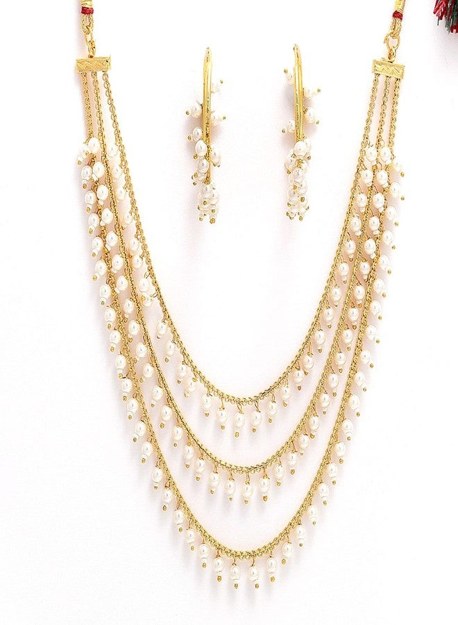 KENNICE Three Layer Pearl Gold-Plated Multi-Strand Traditional Necklace With Earrings Jewellery Set For Women & Girls - Image 4