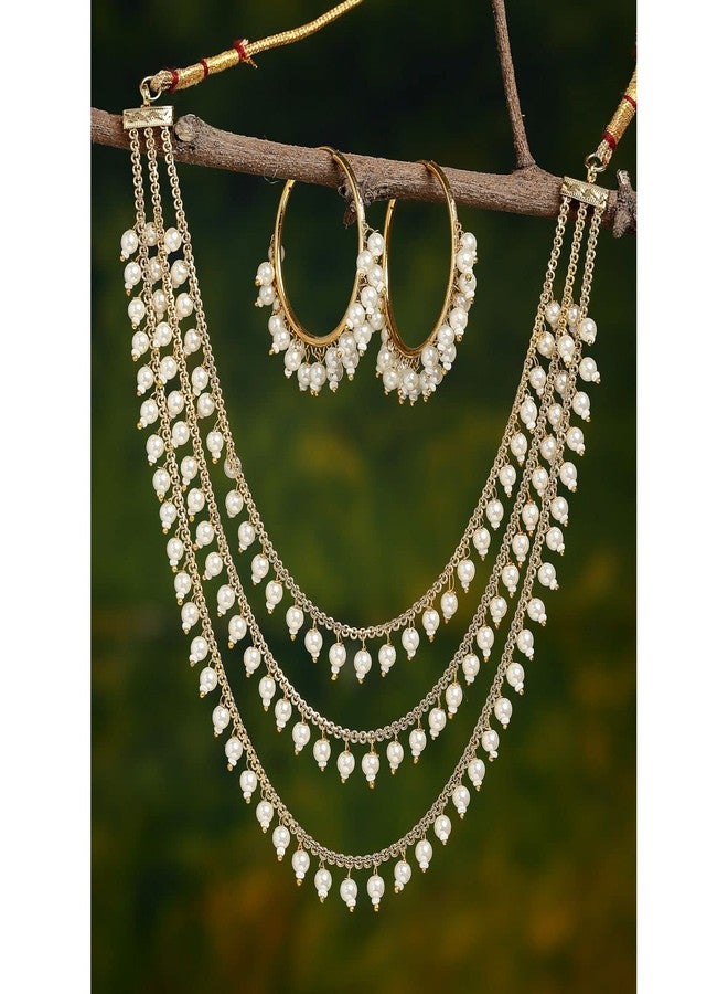KENNICE Three Layer Pearl Gold-Plated Multi-Strand Traditional Necklace With Earrings Jewellery Set For Women & Girls - Image 2