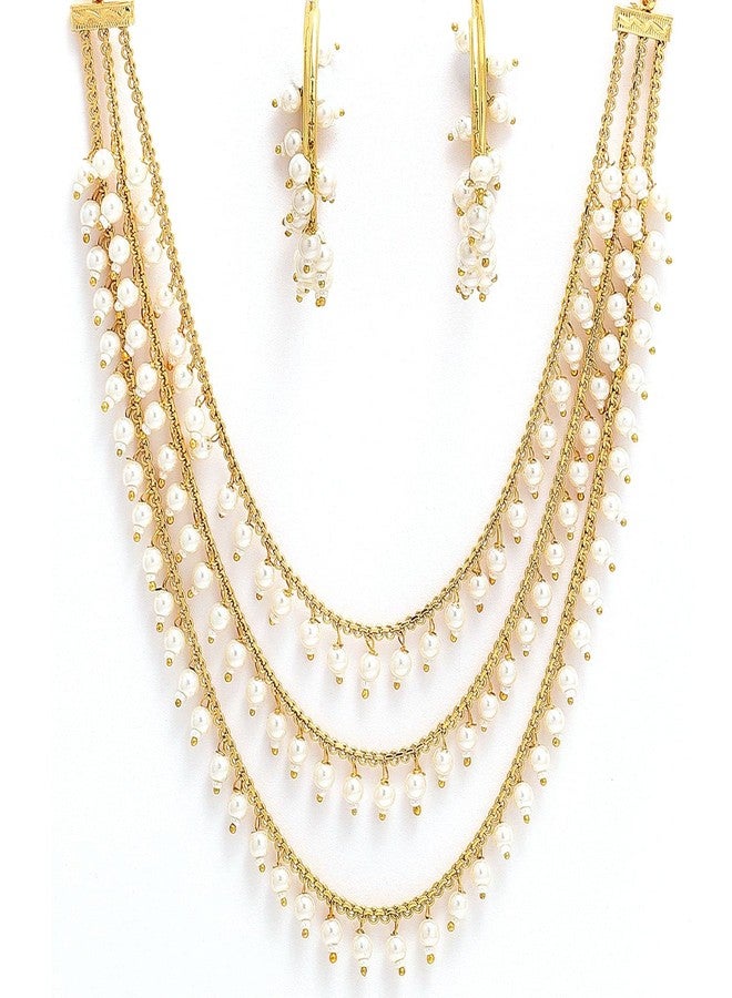 KENNICE Three Layer Pearl Gold-Plated Multi-Strand Traditional Necklace With Earrings Jewellery Set For Women & Girls - Image 1